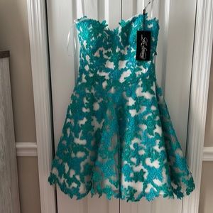 La Femme Lace Overlay Mini Dress